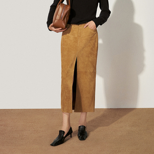 新品 开衩2025秋季 进口羊反绒皮直筒半身裙中长款 OCHIRLY欧时力