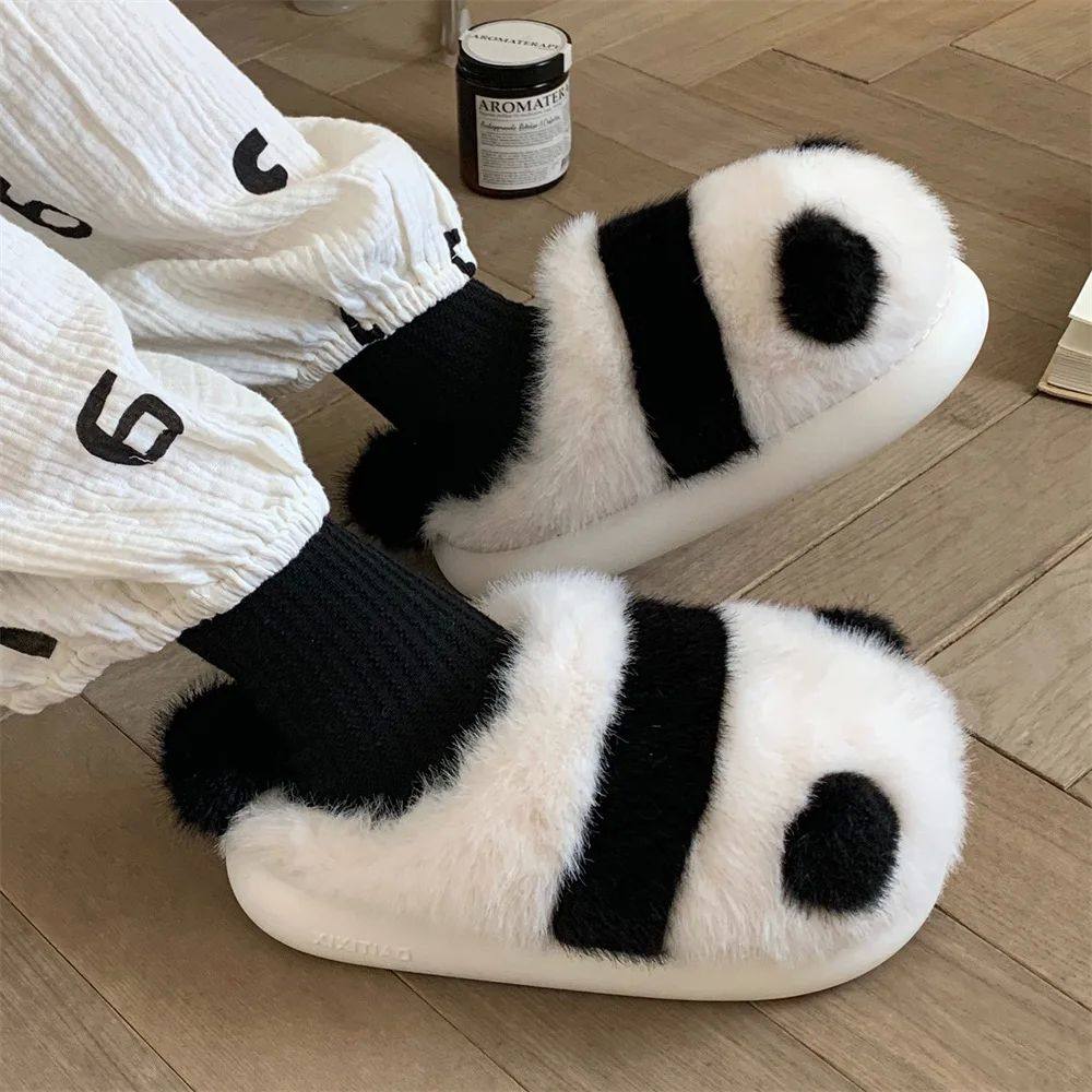 Winter Indoor Panda Slippers Women Flat Furry Home Cartoon W
