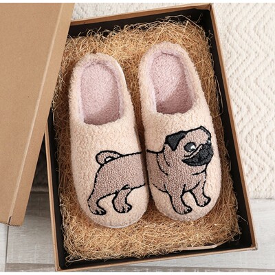 Pet Pattern Pug Pug Pug Embroidered Plush Home Thick-Soled C