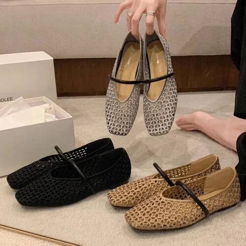 Square Head Hollow Woven Casual Comfortable Women's Flat Sho