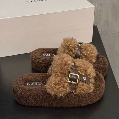 Women Fuzzy Plush Comfy Faux Fur Lined Slide Shoes Thick-Bot