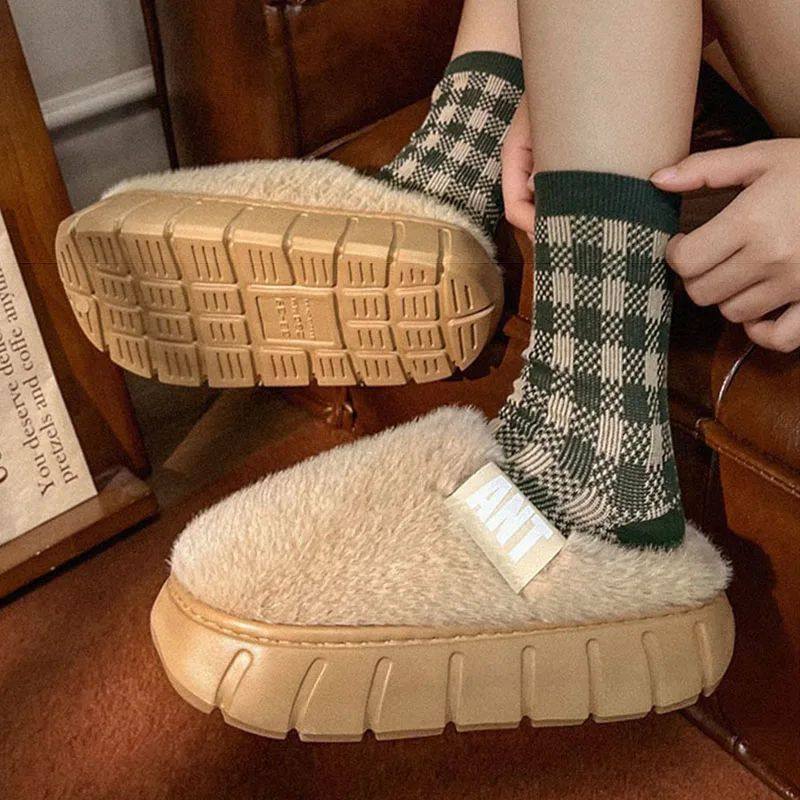 Thick Bottom Fur Slippers Women Winter Indoor Bedroom Non-Sl