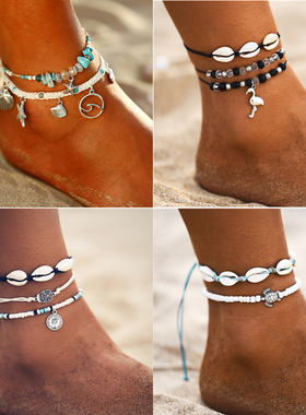 Boho Ocean Beach Sea Shell Cowrie Ankle Bracelet Multi Laye