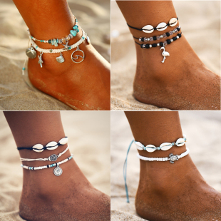 Boho Ocean Beach Sea Shell Cowrie Ankle Bracelet Multi Laye