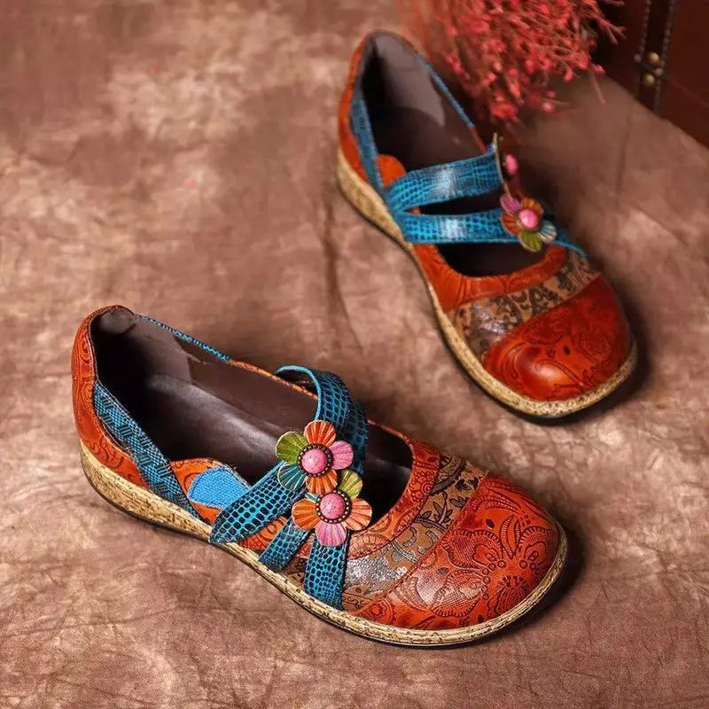Vintage Floral Splicing Colored Stitching Hook Loop Flat Sho