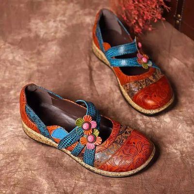 Vintage Floral Splicing Colored Stitching Hook Loop Flat Sho