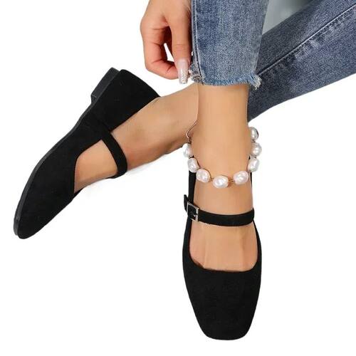 Ladies Lace Up Buckle Footwear Casual Square Toe Shoes Flat