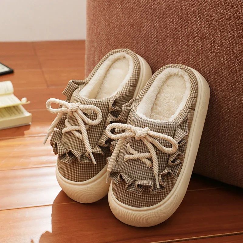 Women Thick Sole Shoelace Winter Slippers Ladies Casual Anti