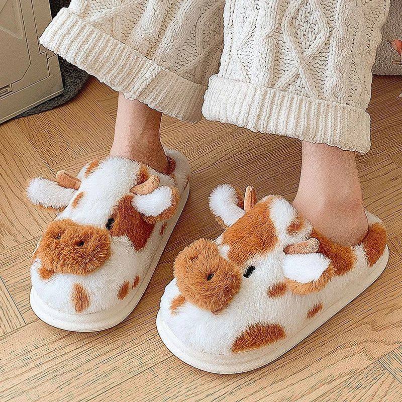 New Winter Cartoon Cow Plush Slippers women 2024 Indoor Non-