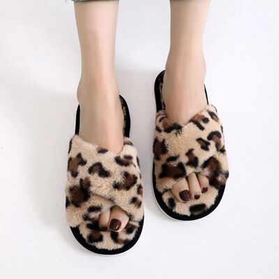 Fashion Leopard Print Plush Slippers Women's Cute Stars Soft