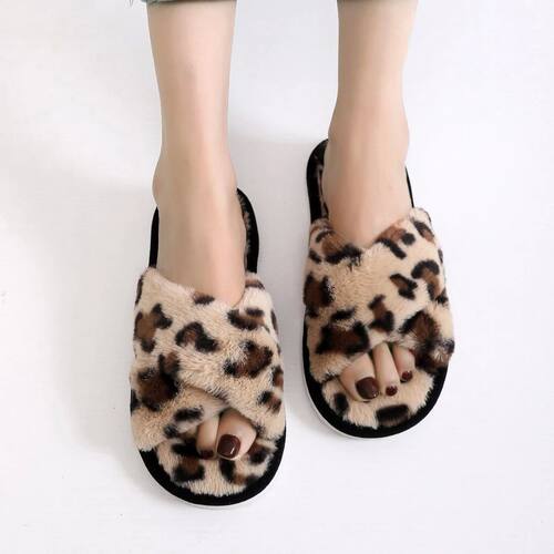 Fashion Leopard Print Plush Slippers Women's Cute Stars Soft