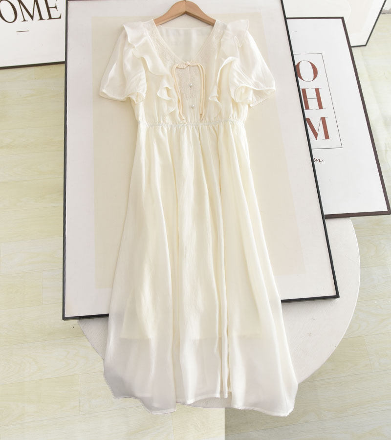 秋水~新中式国风盘扣v领气质收腰显瘦中长款法式荷叶边连衣裙