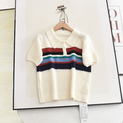 阔系の2024夏季时尚POLO领设计感撞色条纹短袖针织衫T恤上衣