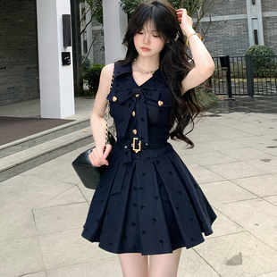 英伦千金风V领蝴蝶结牛仔收腰连衣裙夏季新款翻领无袖短裙子