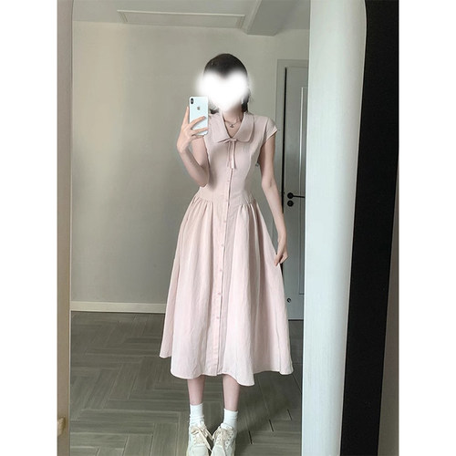 学院风粉色甜美系带连衣裙女夏季
