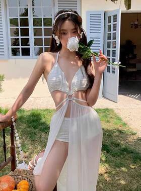 泳衣女ins超仙连体小香深V辣妹性感露背纯欲风白色纱裙度假游泳装