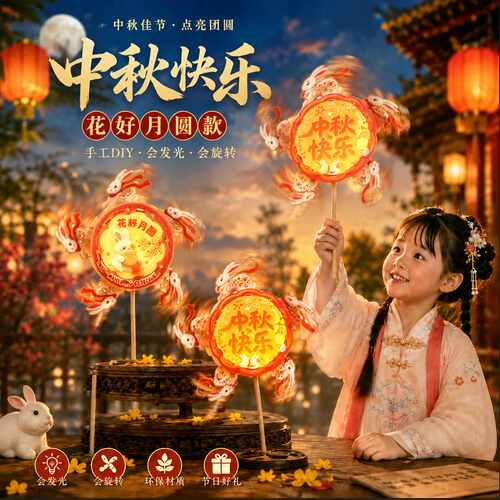 中秋旋转风车手提花灯 儿童手工 DIY 材料包 国风 360 度发光灯笼