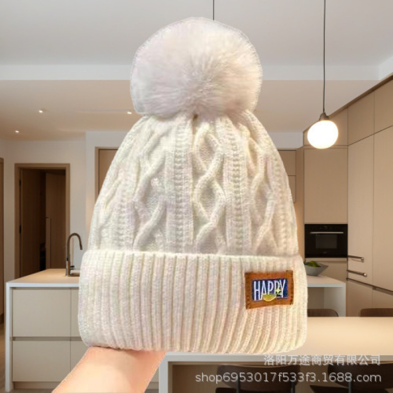 冬季保暖女大头围护耳毛球帽子加绒毛线帽加厚东北针织帽白色球帽