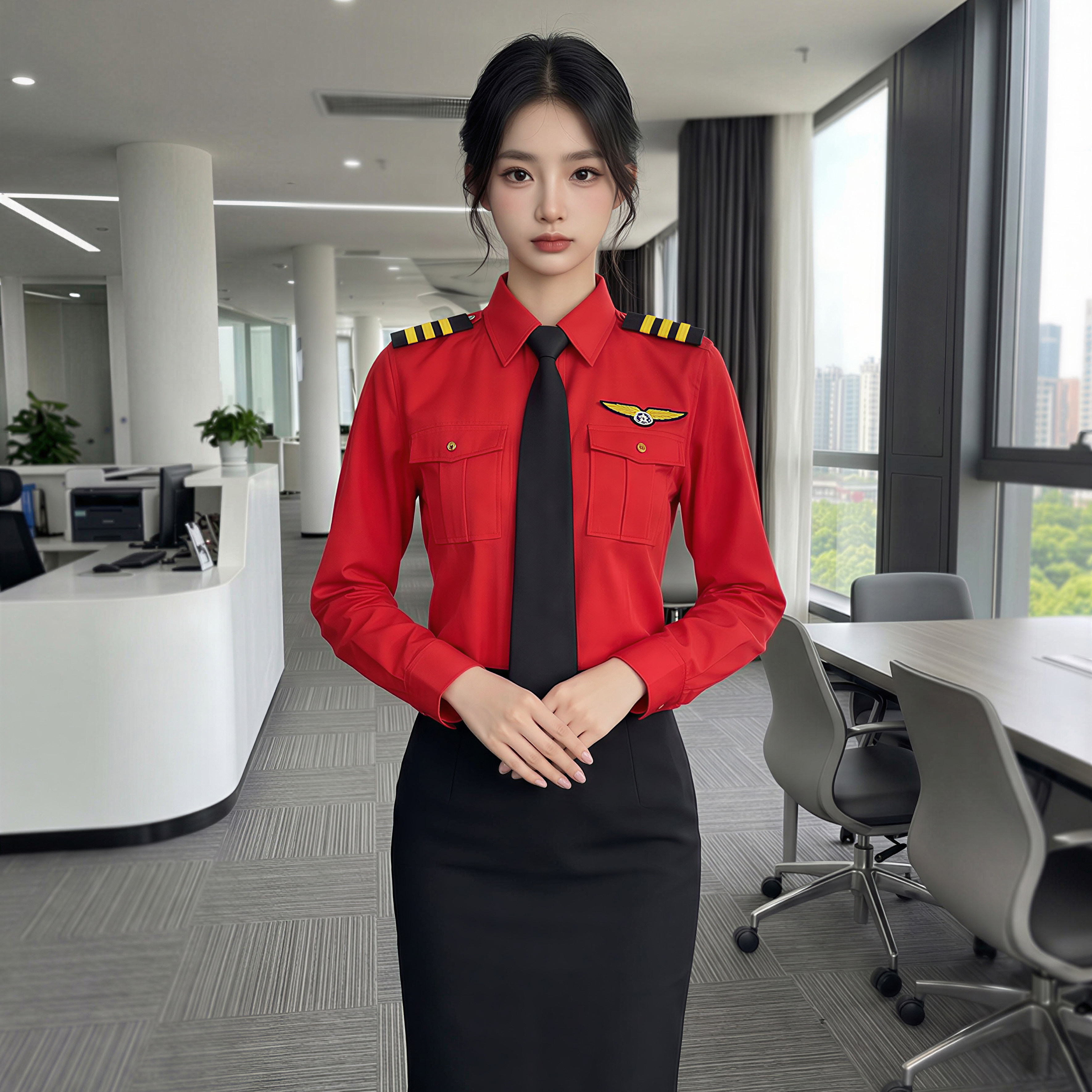 红色军鼓乐队制服衬衫长袖春季演出服套装修身气质空姐衬衣工作服