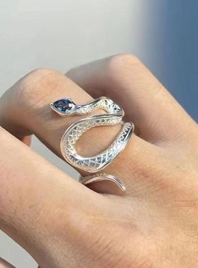 戒指单人蛇素戒指女粗胖手大号戒指女潮酷海蓝色石灵蛇开口指环