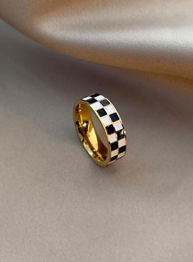 棋盘戒指女黑白格子指环欧美钛钢不锈钢小众设计师中指食指配饰