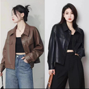 2025春秋新款 咖色翻领pu皮夹克上衣女宽松高级感机车风皮衣外套潮