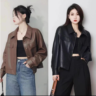 2025春秋新款 咖色翻领pu皮夹克上衣女宽松高级感机车风皮衣外套潮