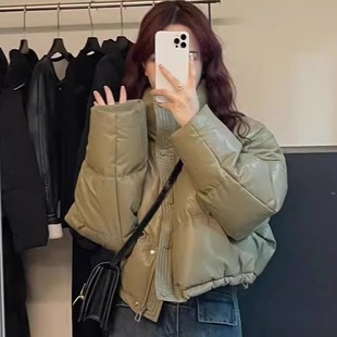 2024冬季新款免洗PU皮羽绒服女短款加厚立领肯豆面包服小个子外套