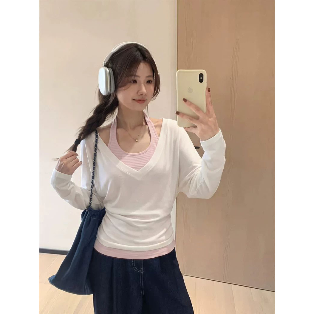 韩系复古粉色挂脖吊带长袖t恤女春季修身显瘦打底叠穿上衣两件套