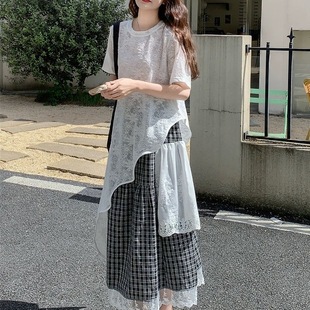 女夏2025新款 不规则蕾丝T恤连衣裙套装 甜美显瘦格子半身裙两件套