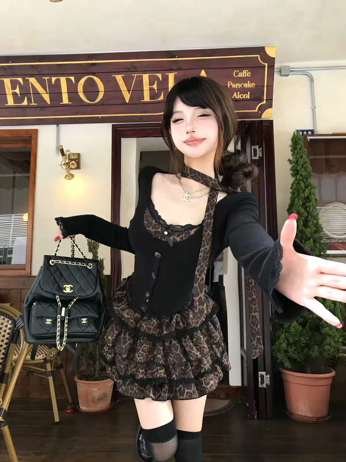 纯欲甜辣妹套装裙女春秋季假两件蕾丝豹纹上衣穿搭蛋糕裙子两件套