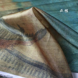 新疆西藏包邮加厚加硬瑞鹤图印花闪光纱面料古风汉服道袍上袄褙子