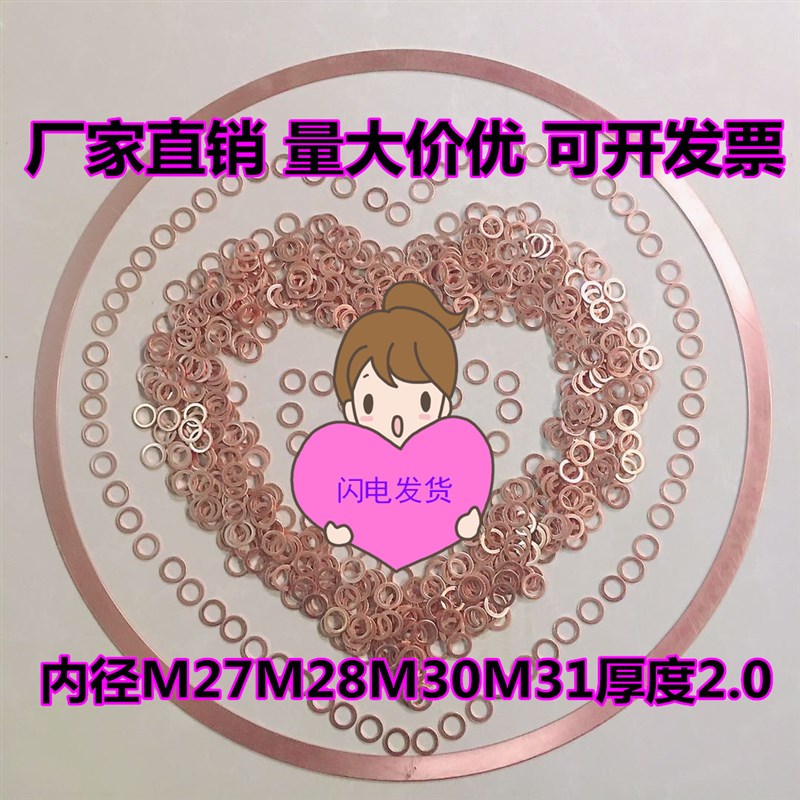 T2紫铜垫片 船用 表用密封垫圈 铜垫平垫内径M27M28M30M31厚2.0mm