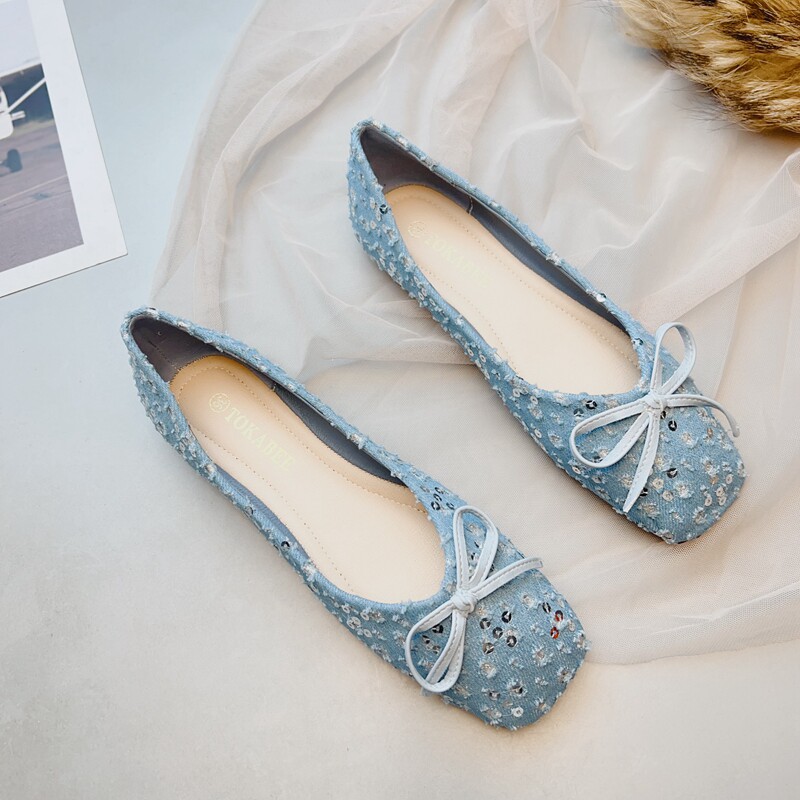 女鞋春款2026新款韩版亮片方头单鞋女平底牛仔布面气质软底瓢鞋子