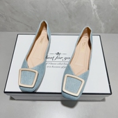 女复古牛仔布面百搭软底瓢鞋 2025年新款 金属方扣浅口方头平底单鞋