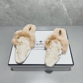 国风新中式 复古刺绣包头半拖鞋 方头平底兔毛毛鞋 女秋冬软底旗袍鞋