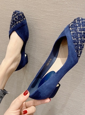 2025女鞋春款韩版法式小香风低跟粗跟单鞋女方头百搭工作鞋42码鞋