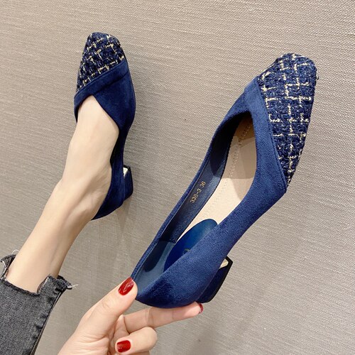 粗跟女鞋工作鞋小香风拼接