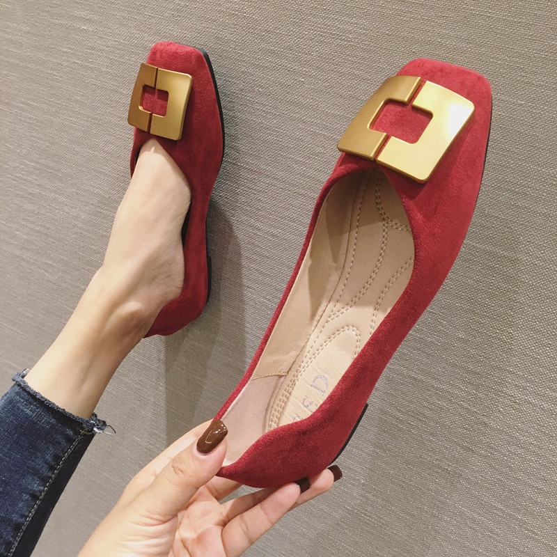 秋季方头红色时尚风大码平底鞋