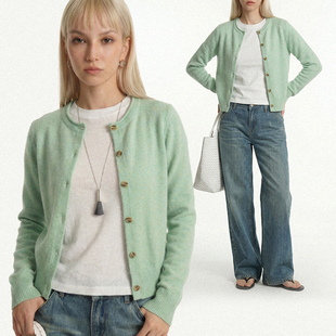 PCLA 短外套显白薄荷绿色毛衣女外搭 早春通勤复古针织开衫