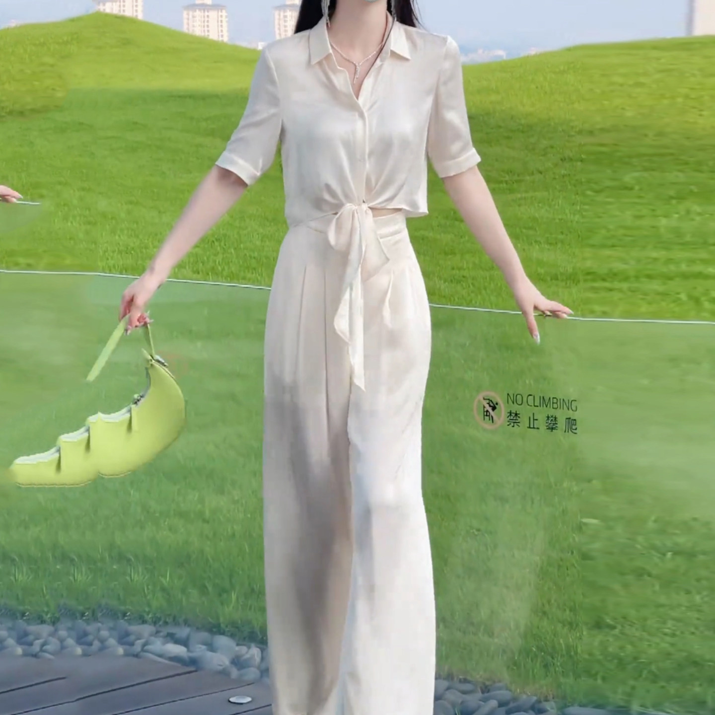 夏季冰丝POLO领衬衫阔腿裤套装