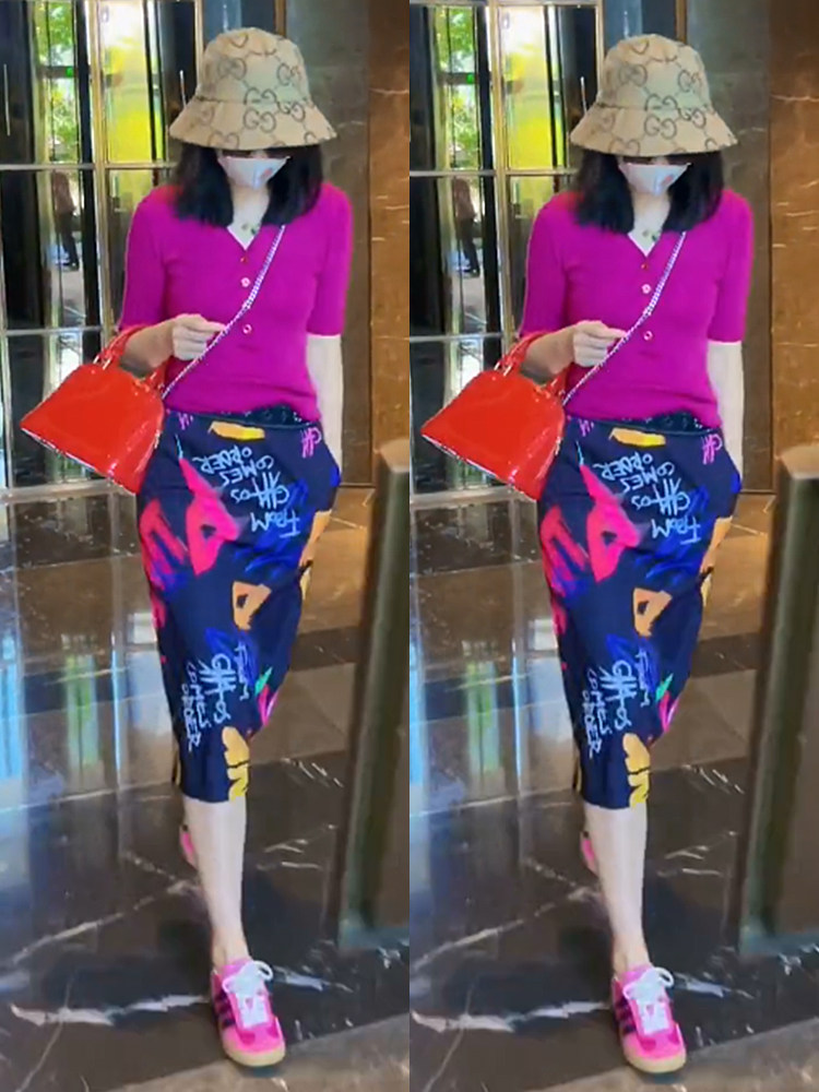 针织短袖小众设计印花裙子潮
