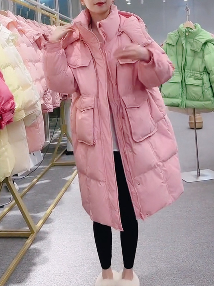 中长款羽绒服女半纽扣连帽外套