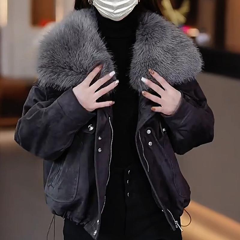 狐狸毛皮草短款羽绒服女2024年冬季新款洋气保暖大毛领派克服外套