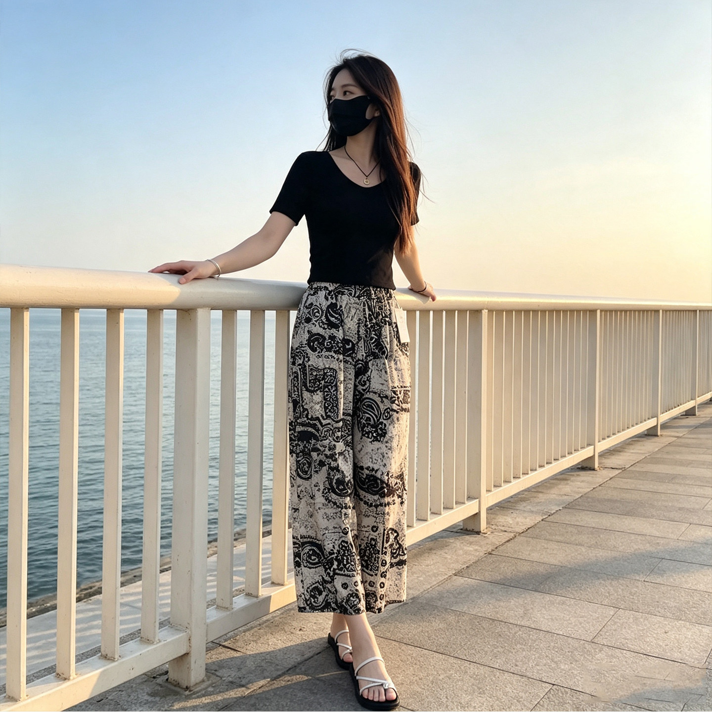 夏季冰丝高腰阔腿九分显瘦女裤