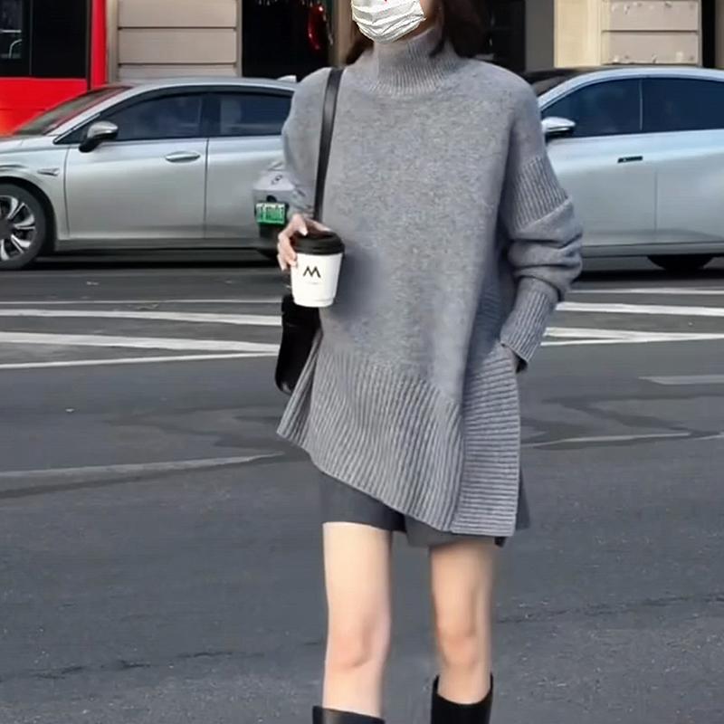 高领不规则纯色长袖针织衫女