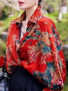 气质名媛长袖 新款 中国风套装 洋气时尚 印花衬衫 女2024年春季 蝙蝠袖