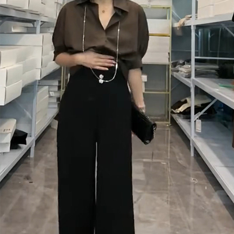 大码咖啡色V领衬衫女收腰显瘦