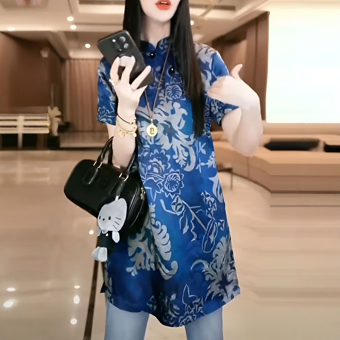 新中式国风印花立领短袖衬衫女