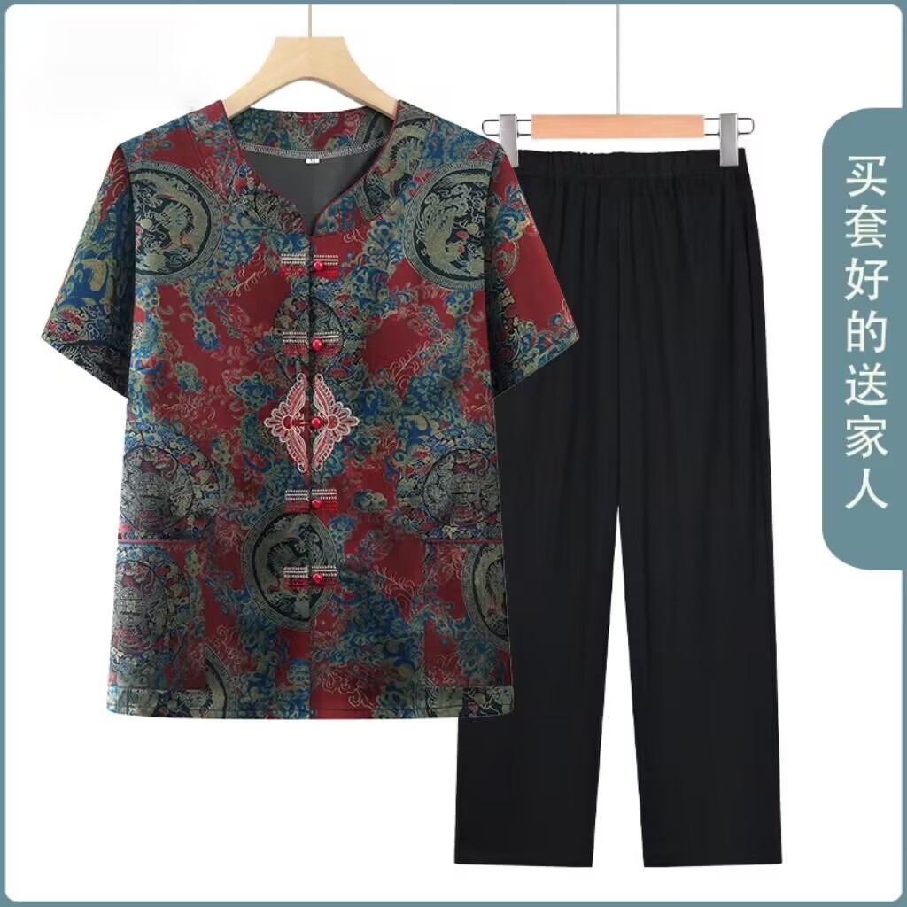 中老年复古风短袖唐装套装